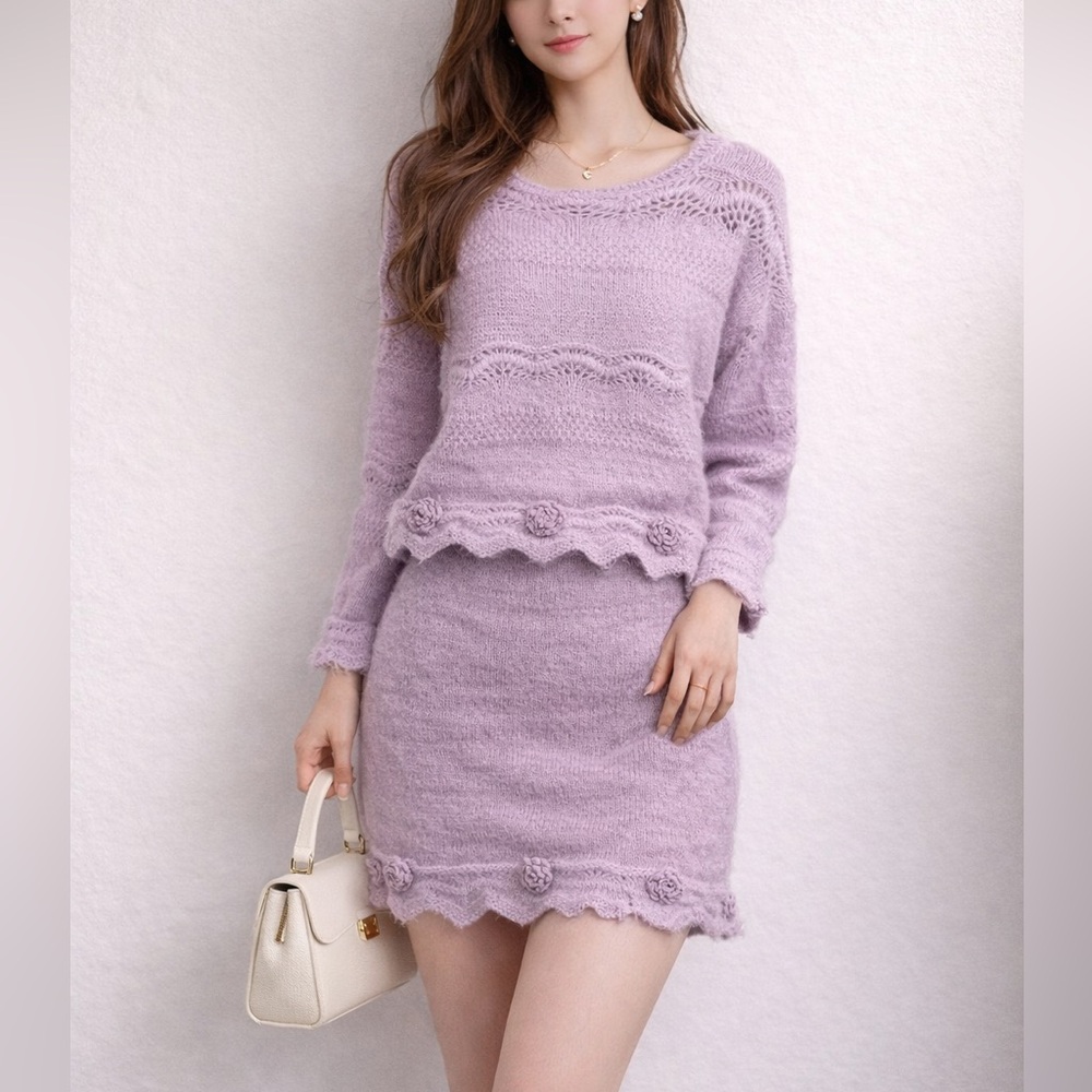 100% Alpaca, Wool and Cashmere blended Lavender Knit Sweater and Skirt Set